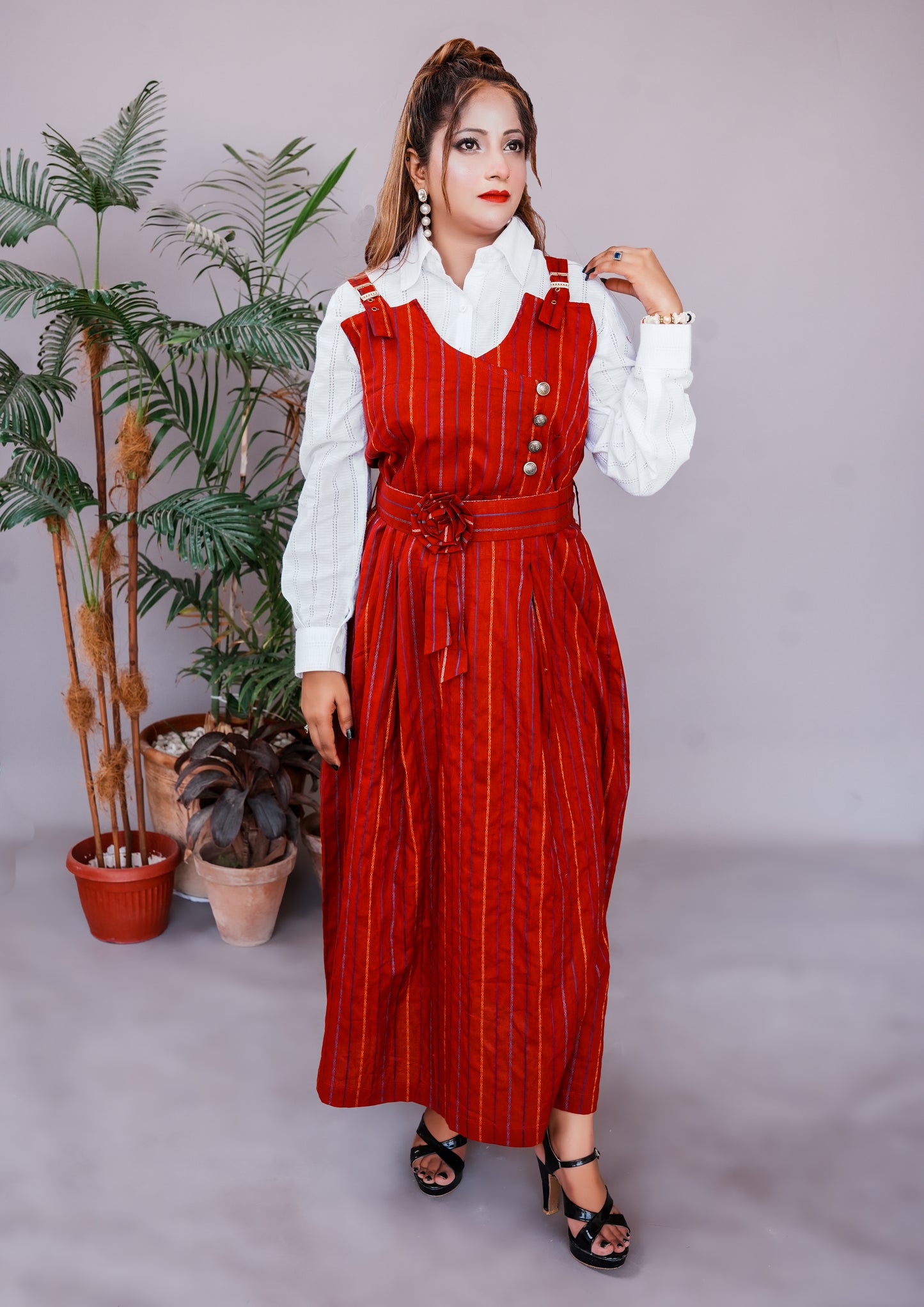 2 Pc Western Style Romper Rust Red Colour Imported Cotton Fabric