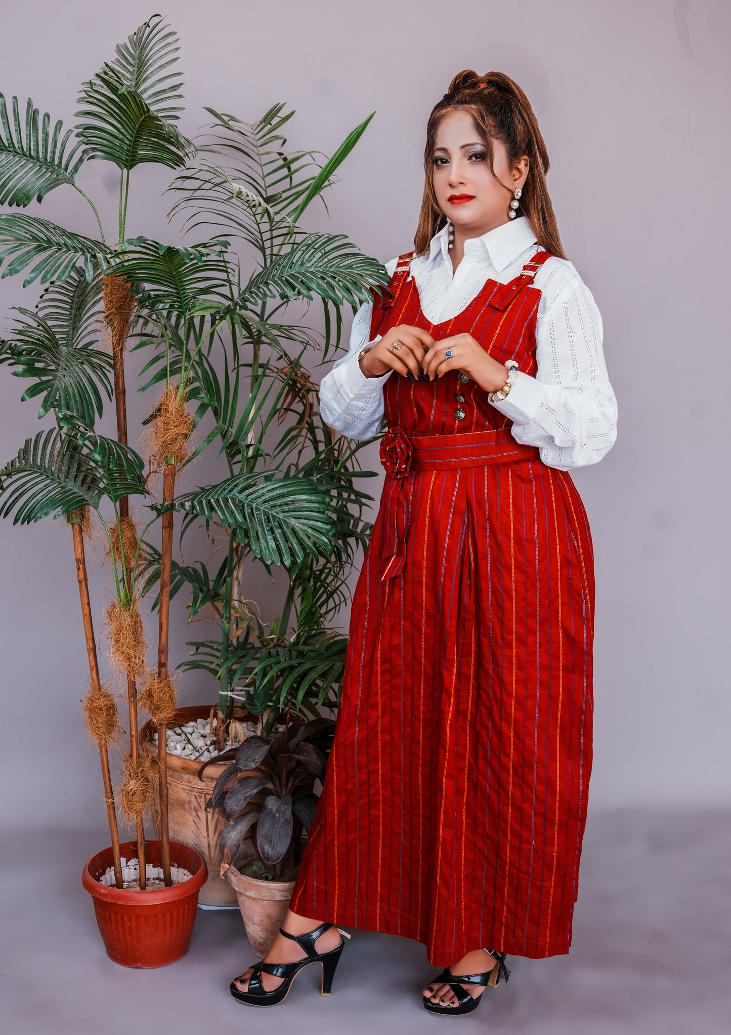 2 Pc Western Style Romper Rust Red Colour Imported Cotton Fabric