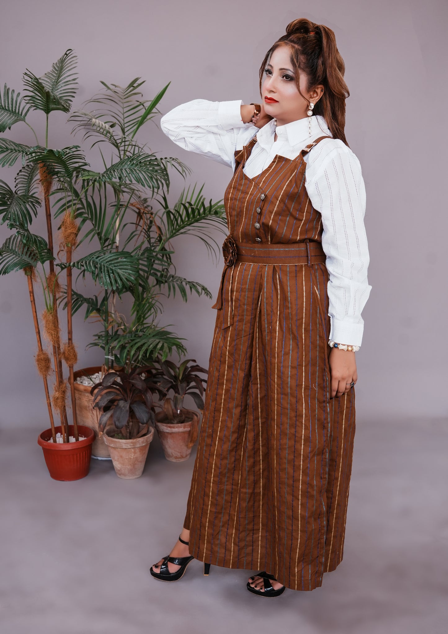 2 Pc Western Style Romper Brown Colour Imported Cotton Fabric