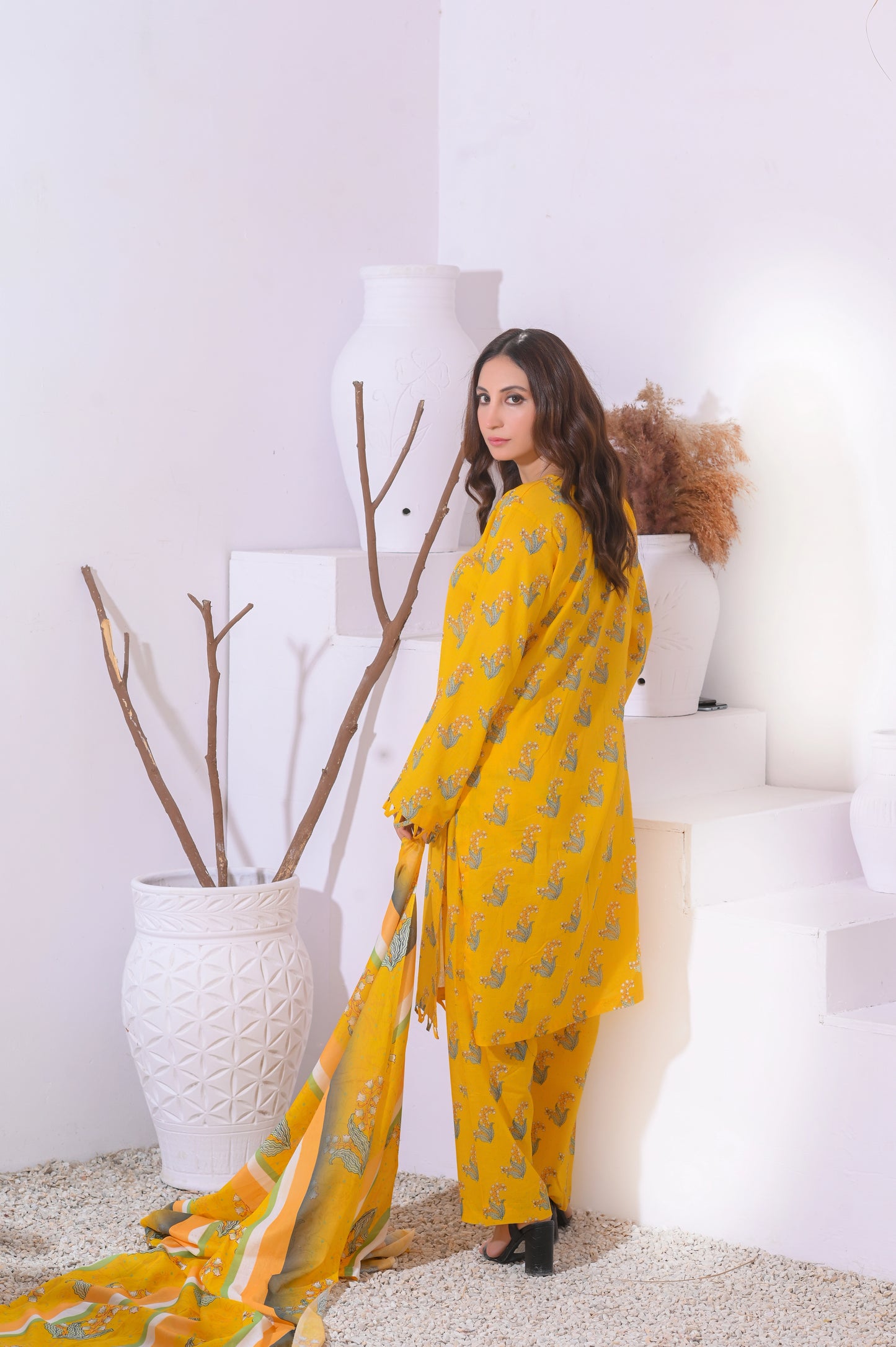 Yellow Charm 3-Piece Printed Lawn Suit.