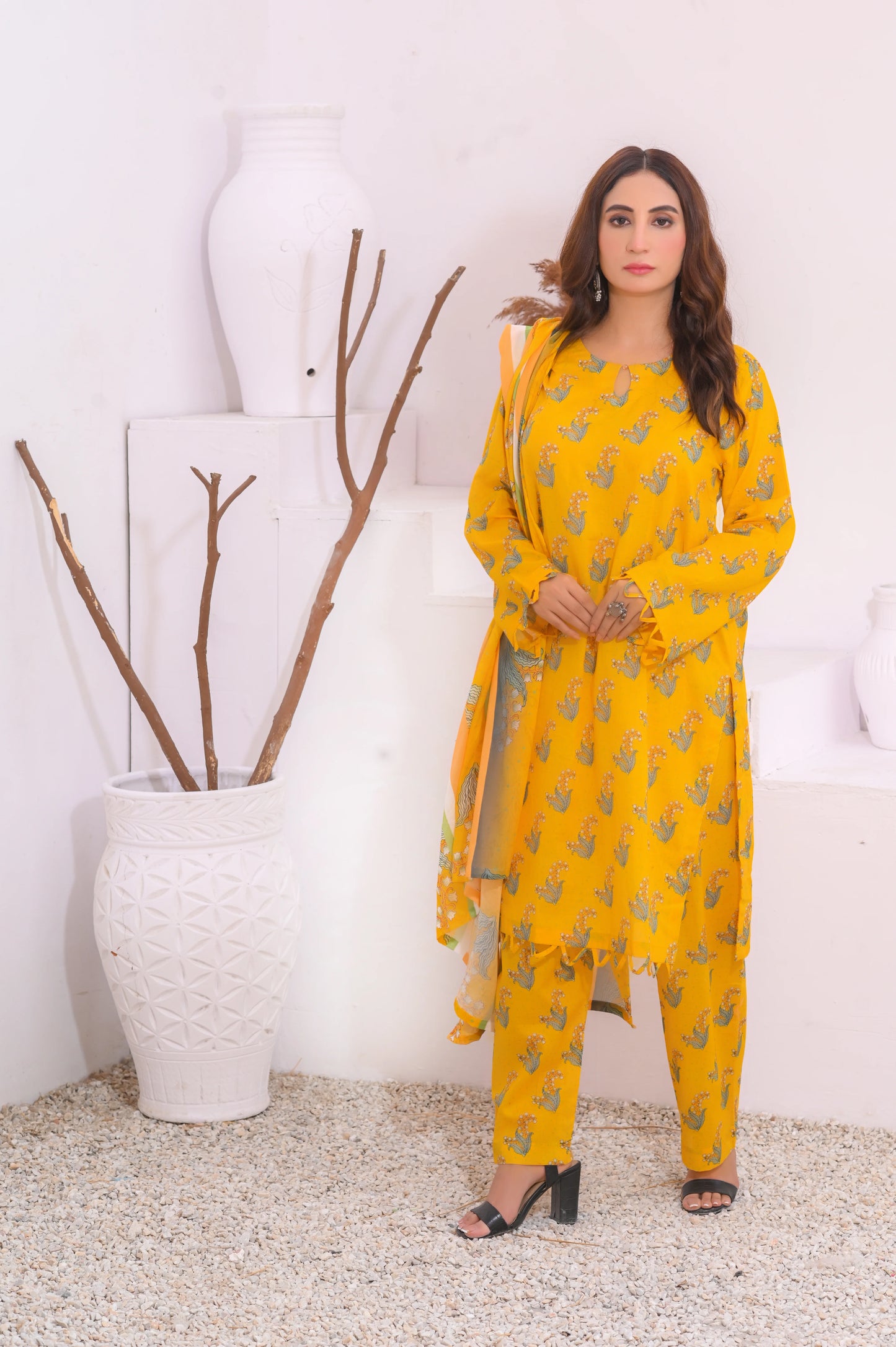 Yellow Charm 3-Piece Printed Lawn Suit.