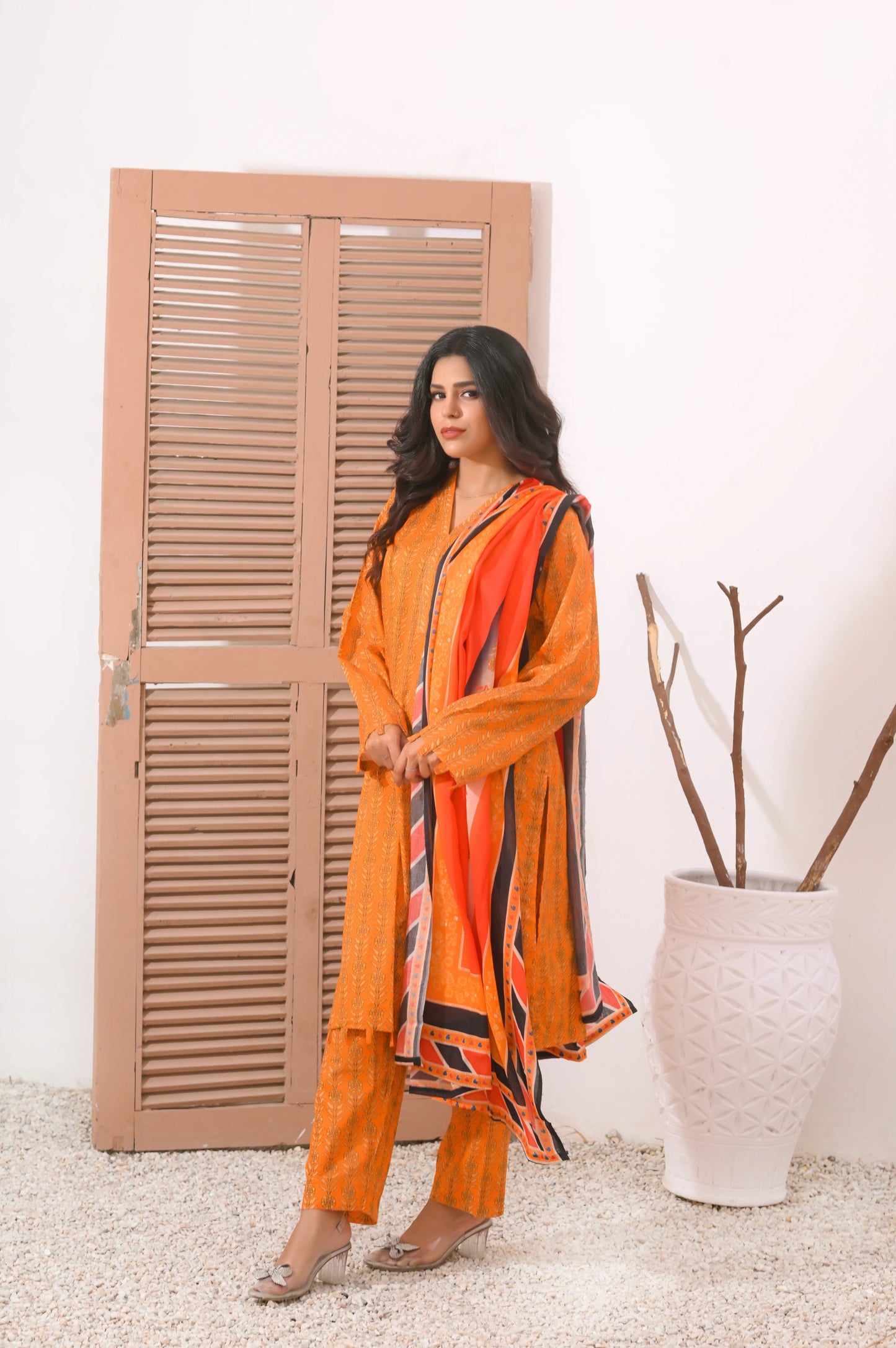 Elegant orange  3-Piece Lawn Suit.