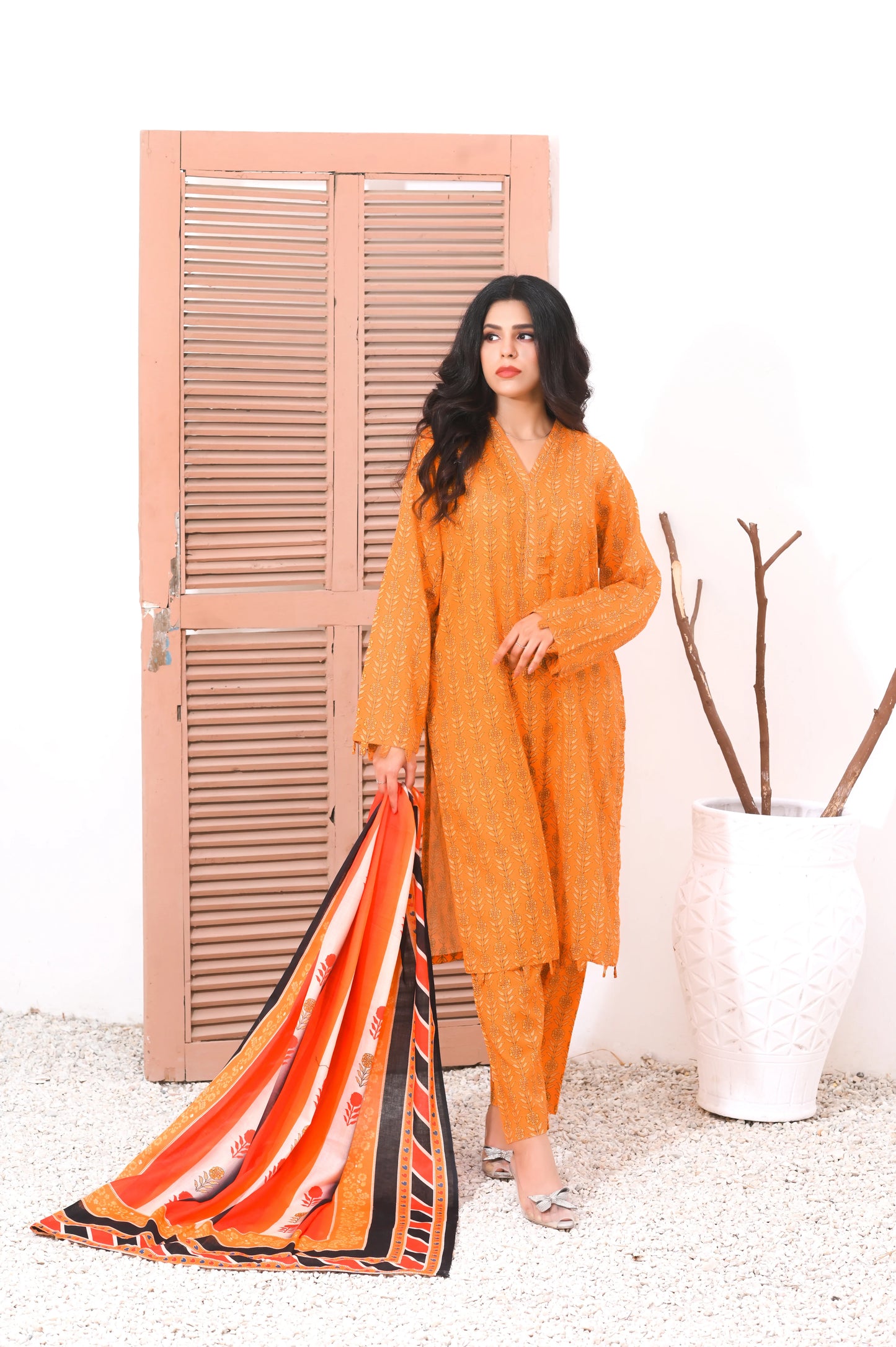 Elegant orange  3-Piece Lawn Suit.