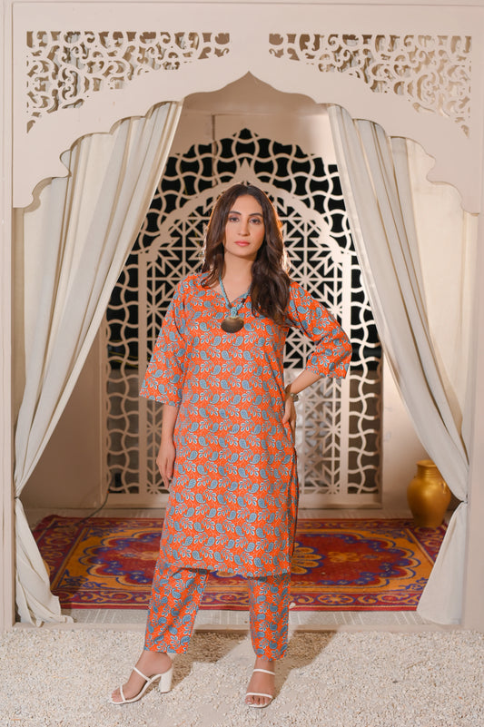 Orange Paisley Printed 2-Piece Cotton Suit.