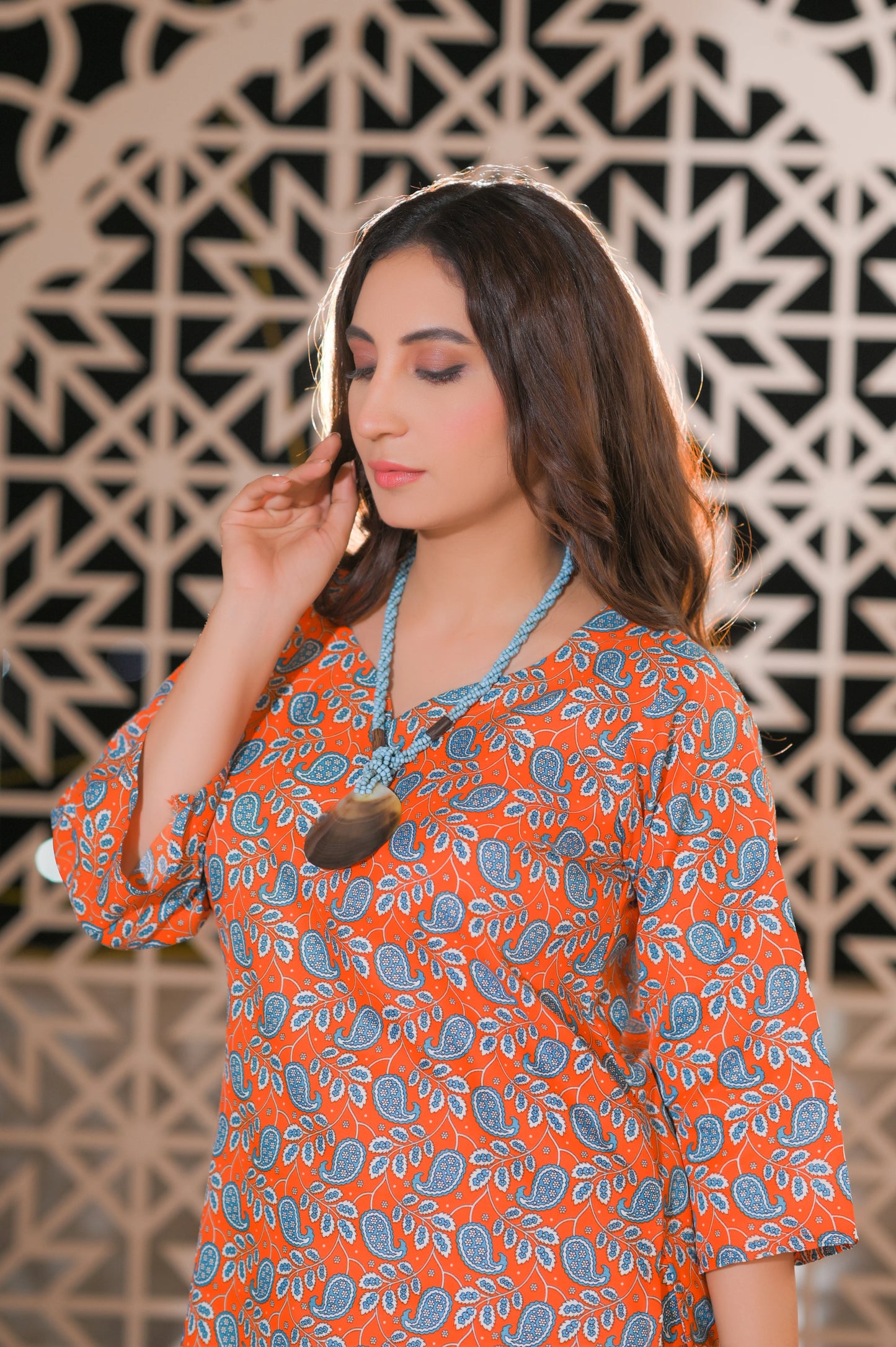 Orange Paisley Printed 2-Piece Cotton Suit.