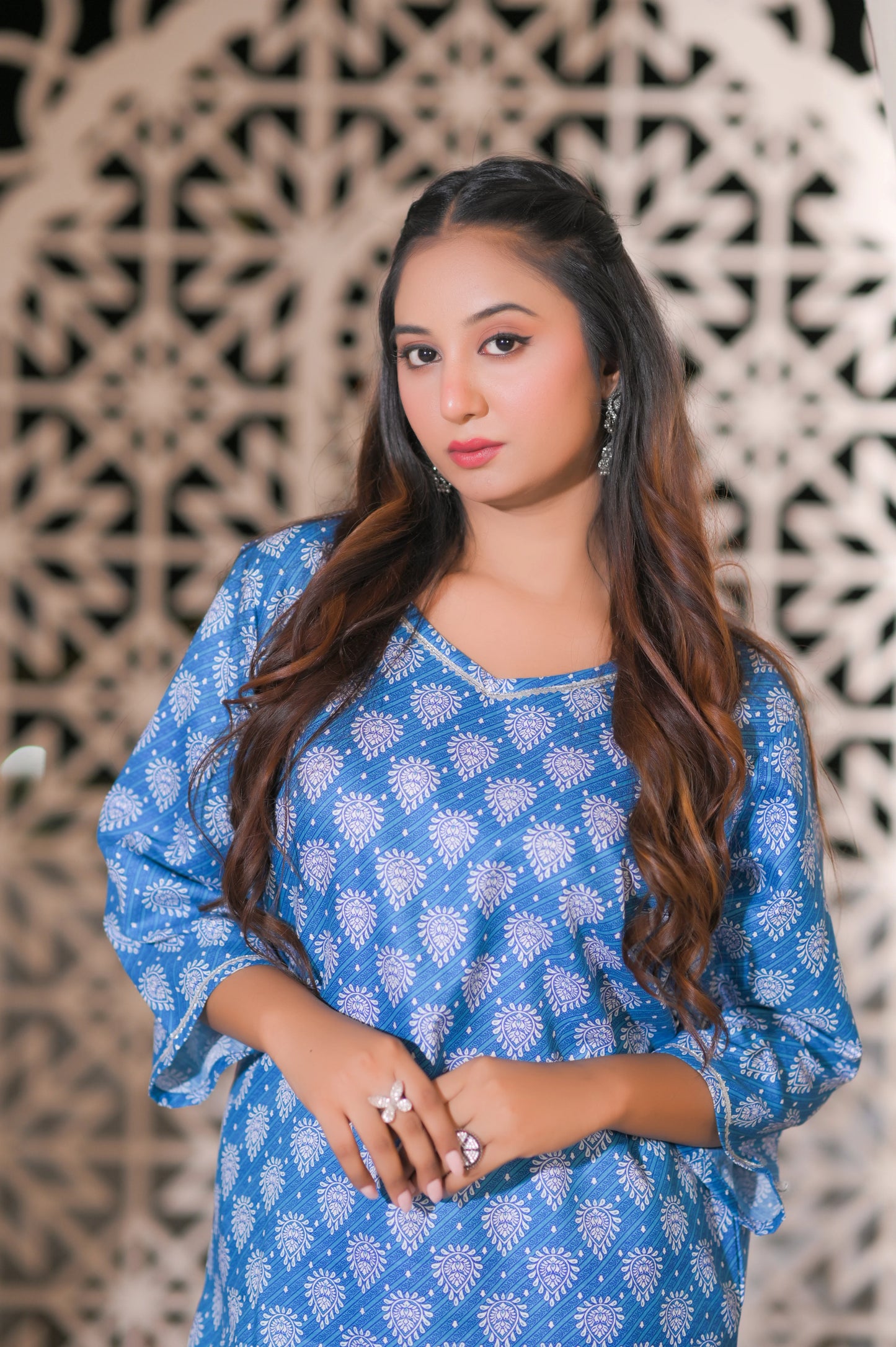 Blue Floral Printed 2-Piece Cotton Suit.