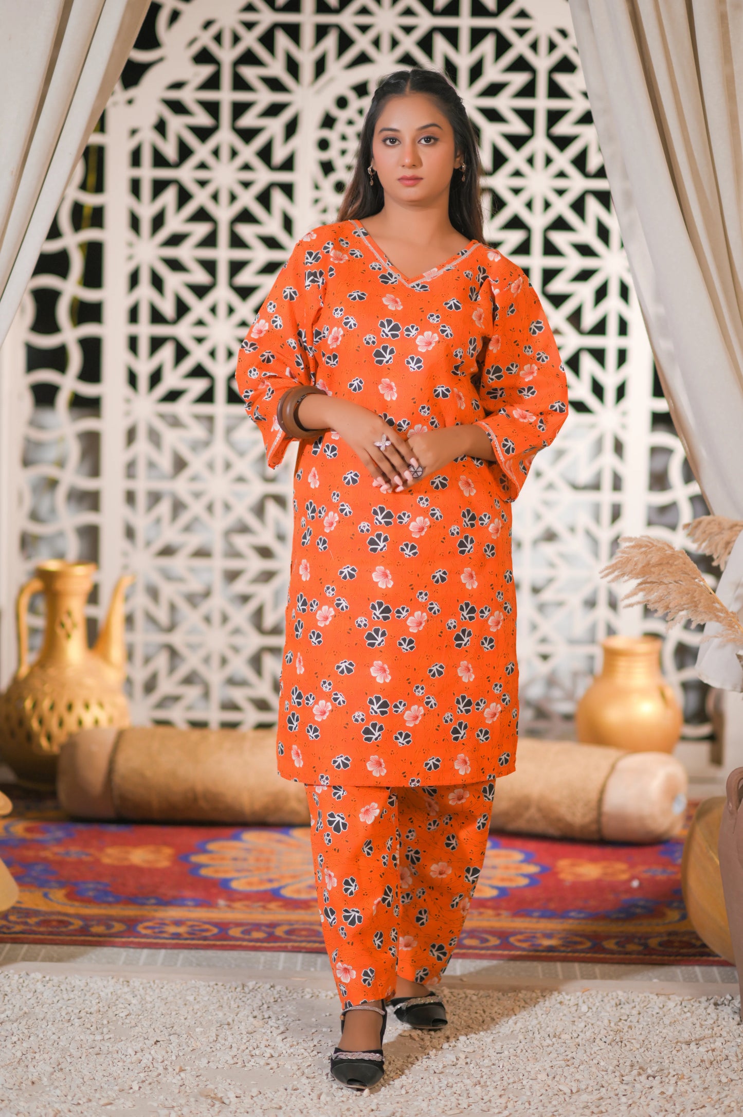 Orange Floral 2-Piece Cotton Suit.
