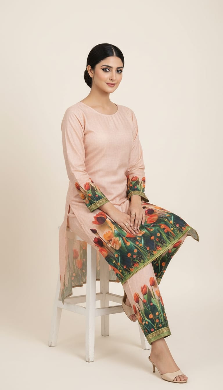 Sunset Tulip Printed Linen Co-ord Set in Peach