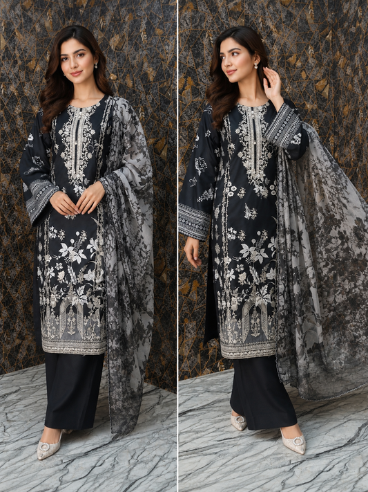 Midnight Flora: 3-Piece Embroidered Lawn Stitched Suit