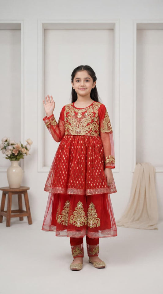 Elegant Girls’ Red & Gold Embroidered Net Frock – 3-Piece Festive Sharara Set