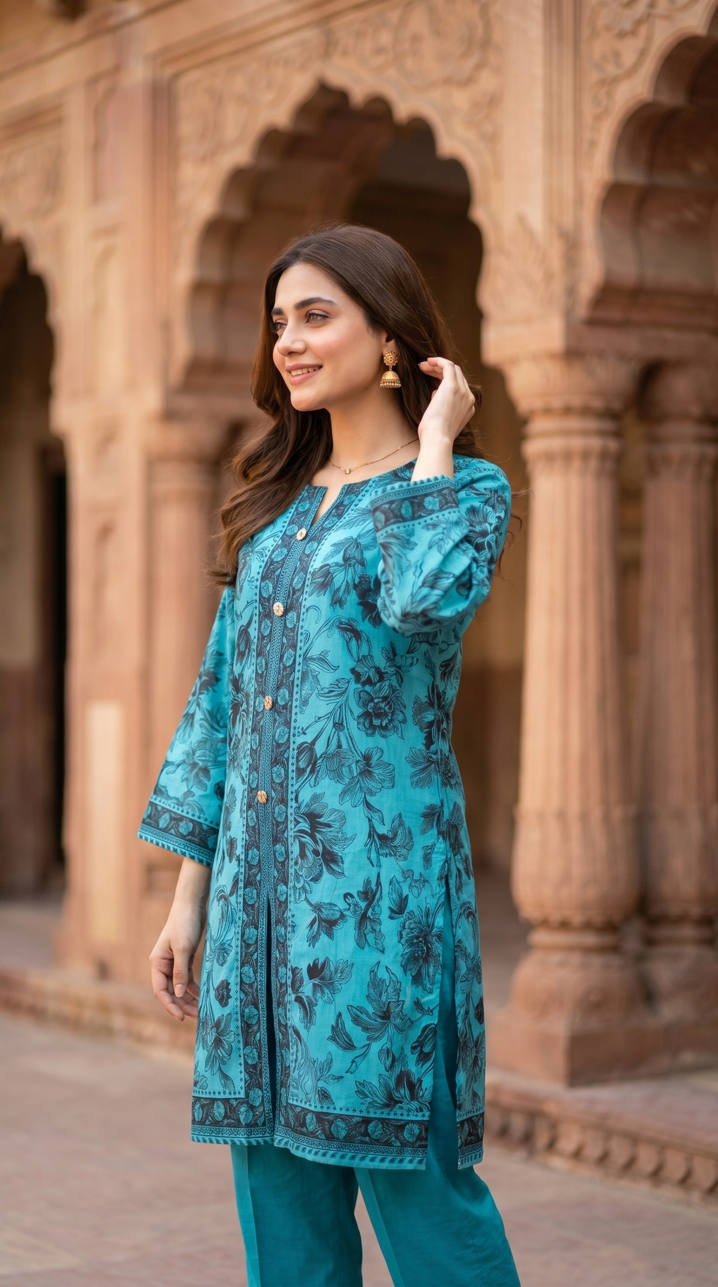 Teal Bloom Traditional Printed Kurti – Elegant Floral Ethnic Tunic