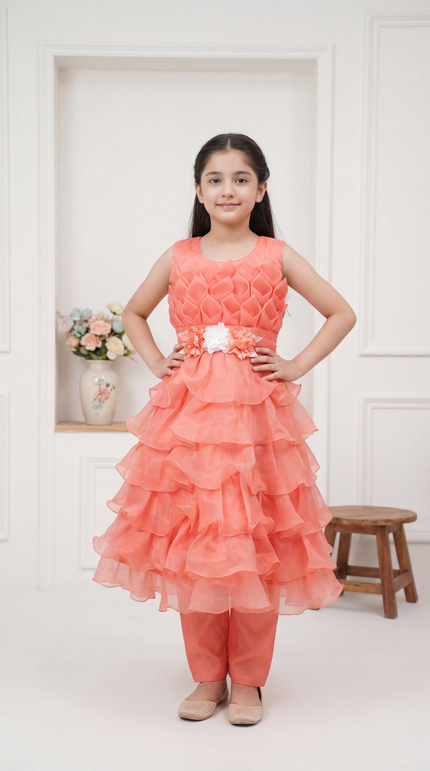 Girls' Peach Blossom Layered Ruffle Party Dress with Floral Waist Accent
