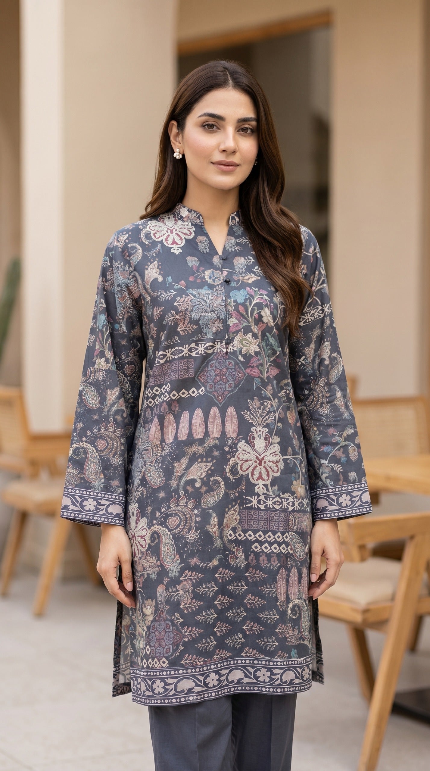 Midnight Slate Floral Printed Kurti – Heritage Ethnic Motif Lawn Tunic