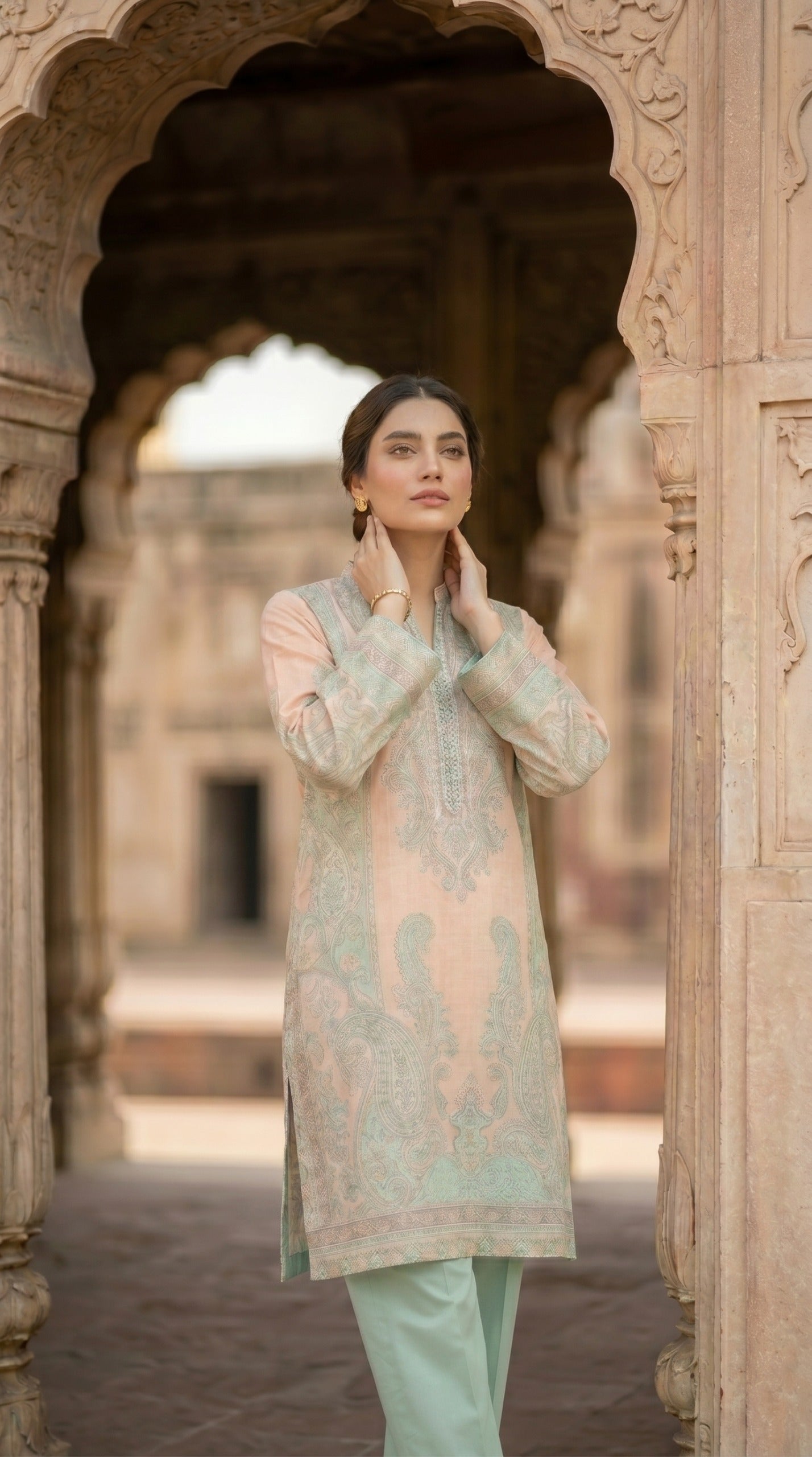 Elegant Pastel Peach & Mint Green Embroidered Kurti