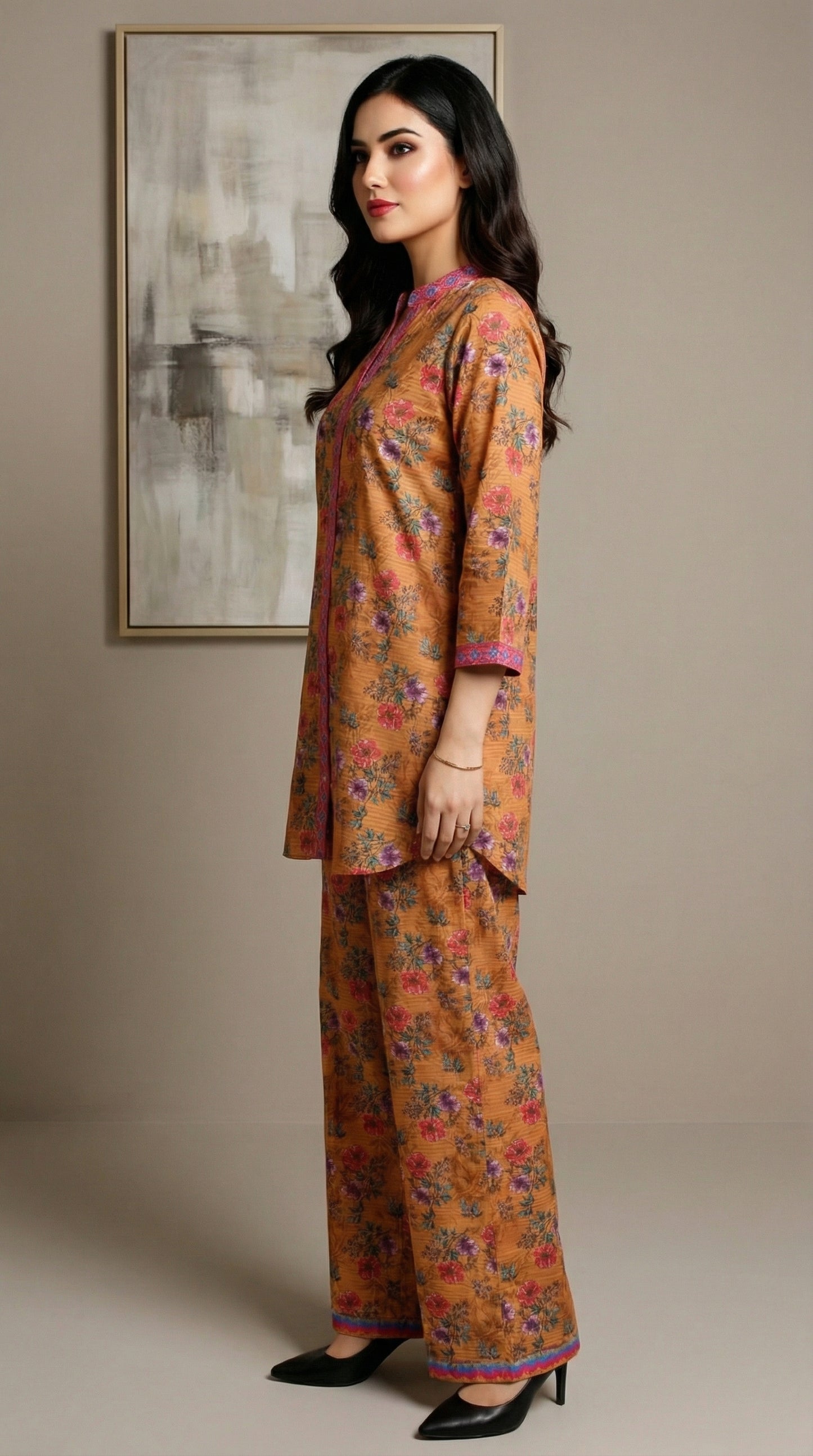 Mustard Floral Print Co-ord Set | 2-Piece Cotton Fusion Suit
