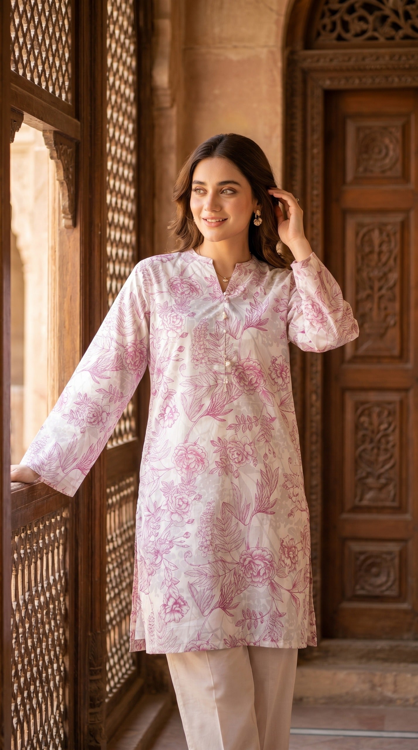 Blush Floral Printed Lawn Kurti – Ivory & Pink