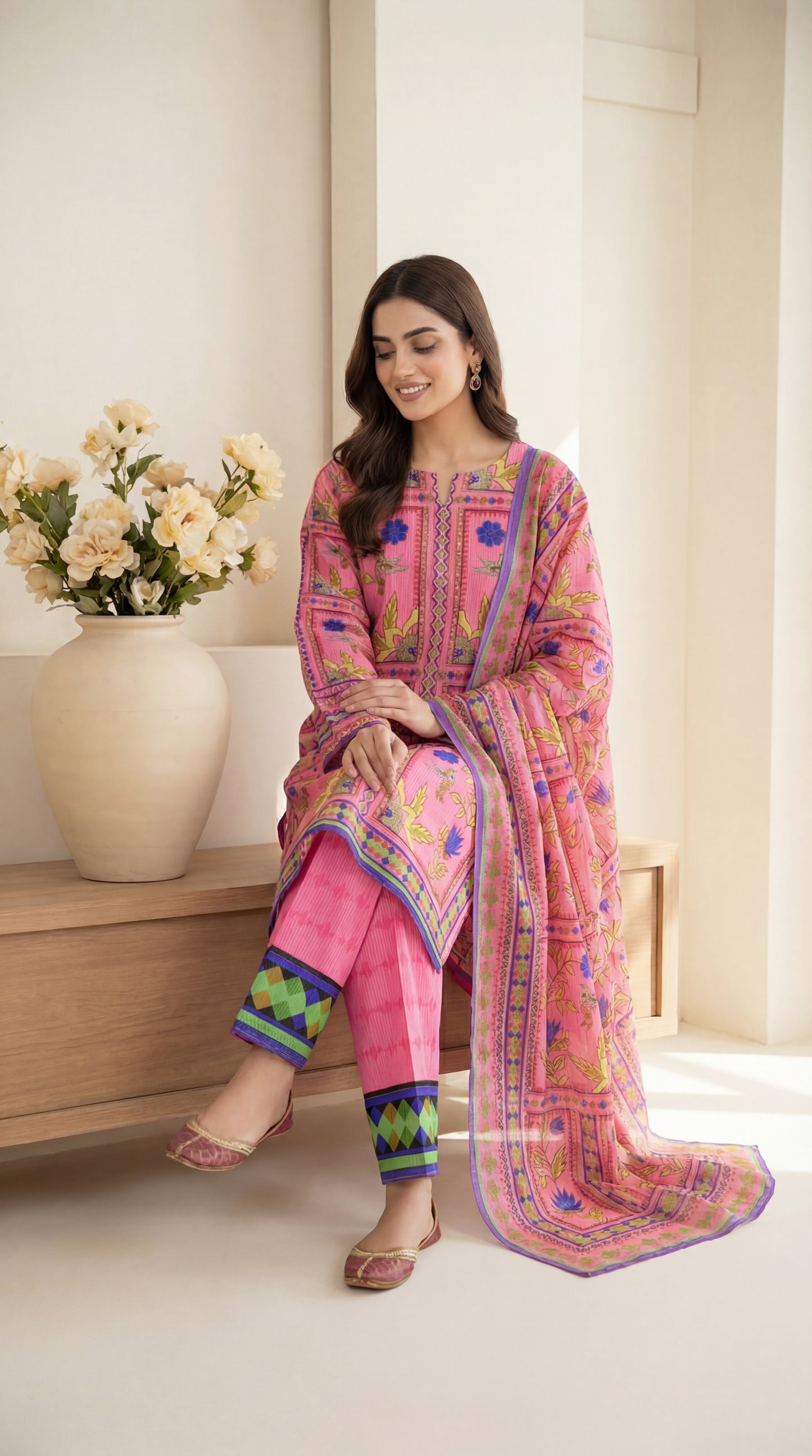 Vibrant Fuchsia Pink 3-Piece Printed Lawn Suit with Geometric Borders