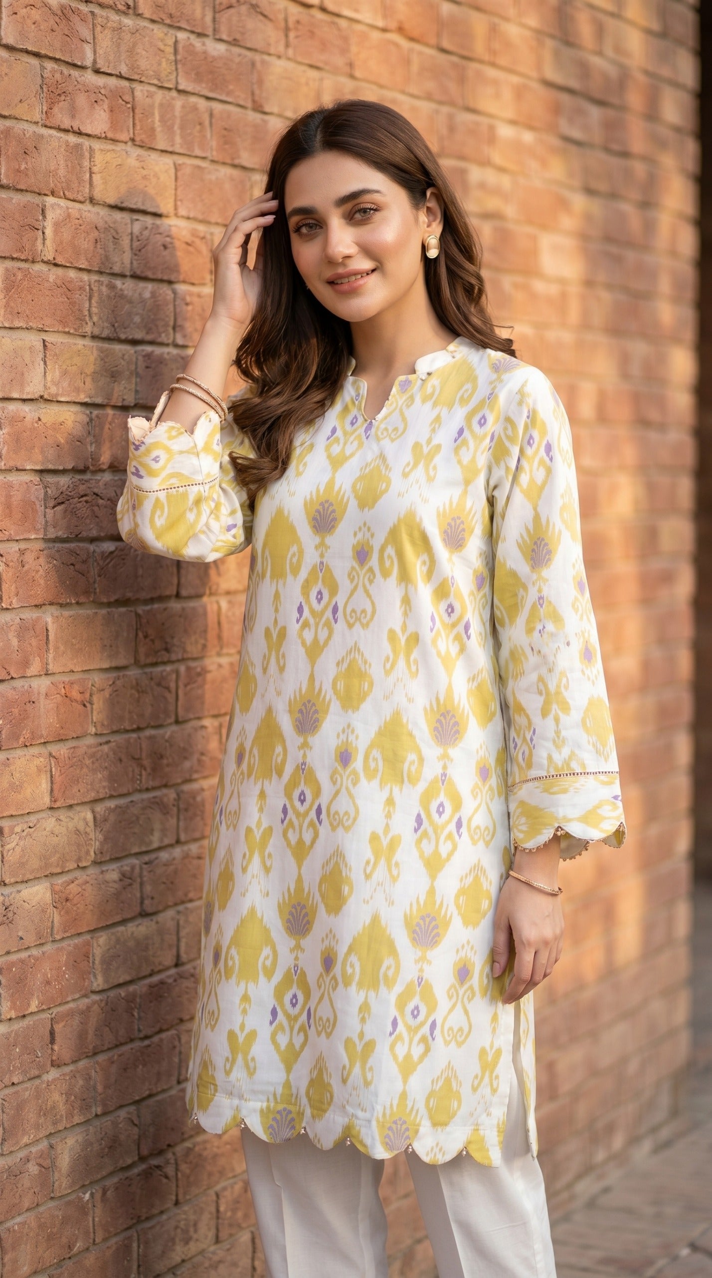 Zari Ikat Mustard & Lavender Printed Lawn Kurti