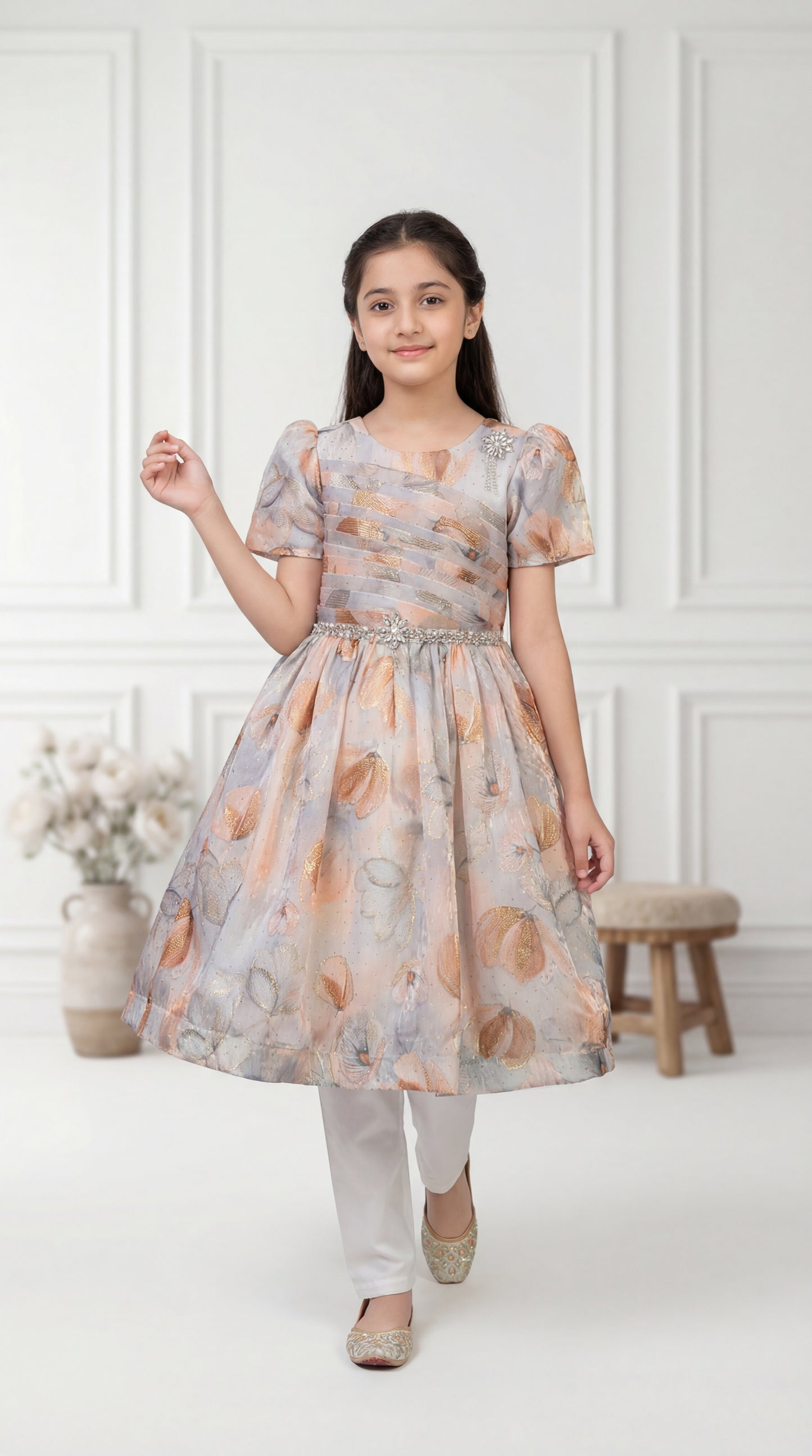 Girls' Champagne Gold Floral Party Dress – Luxury Occasion Wear