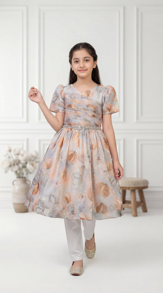 Girls' Champagne Gold Floral Party Dress – Luxury Occasion Wear