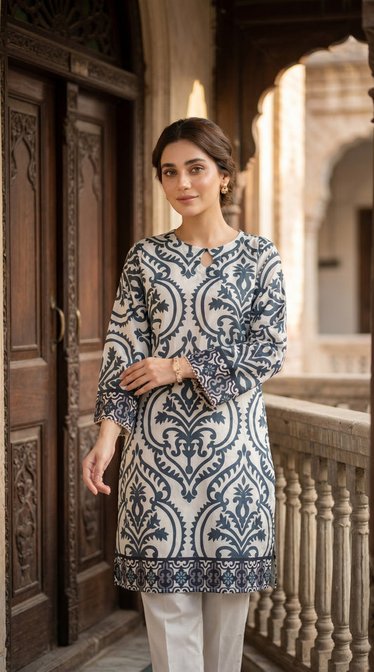 Earthy Elegance Indigo Damask Printed Lawn Kurti