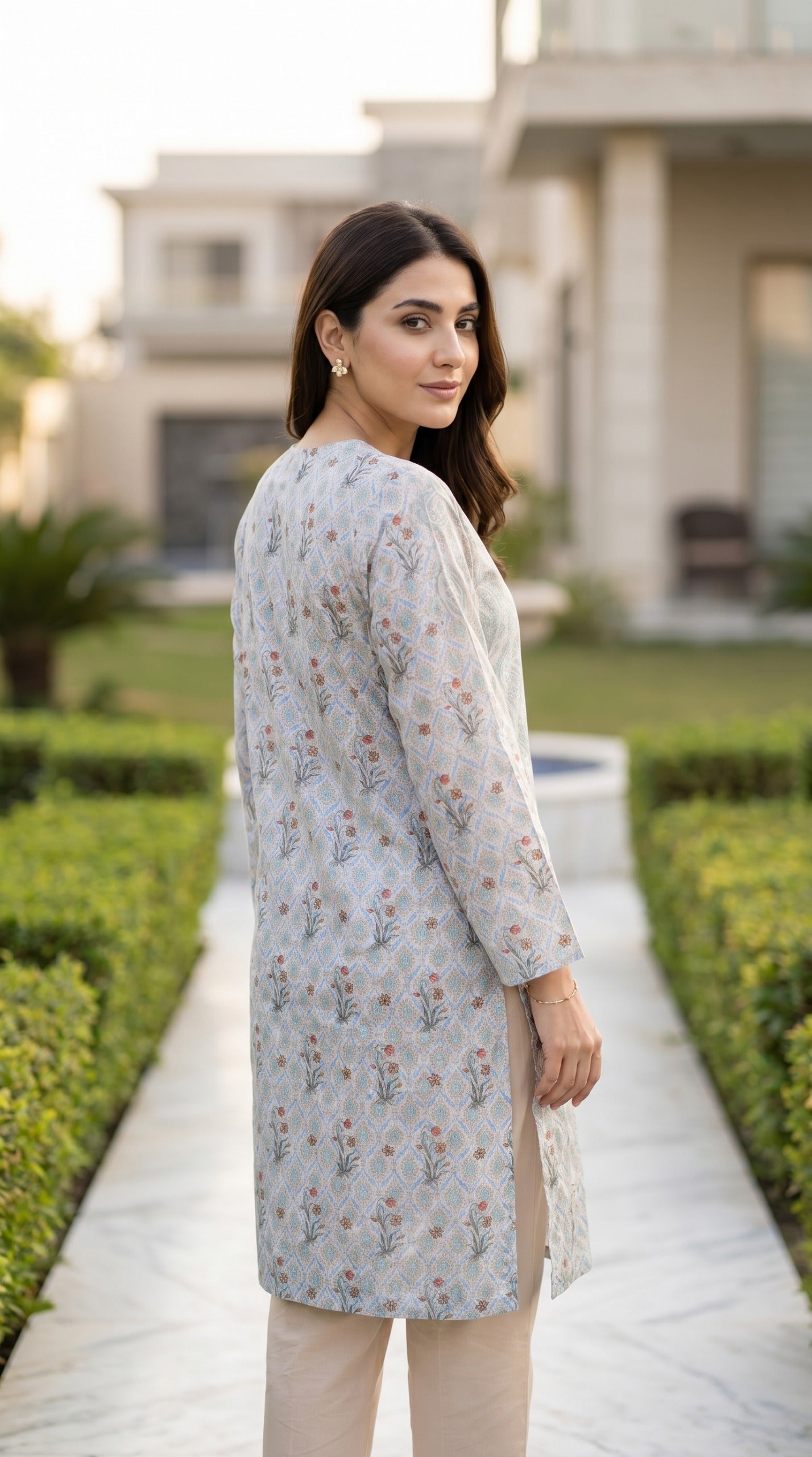 Floral Printed Lawn Kurti – Pastel Geometric Long Shirt
