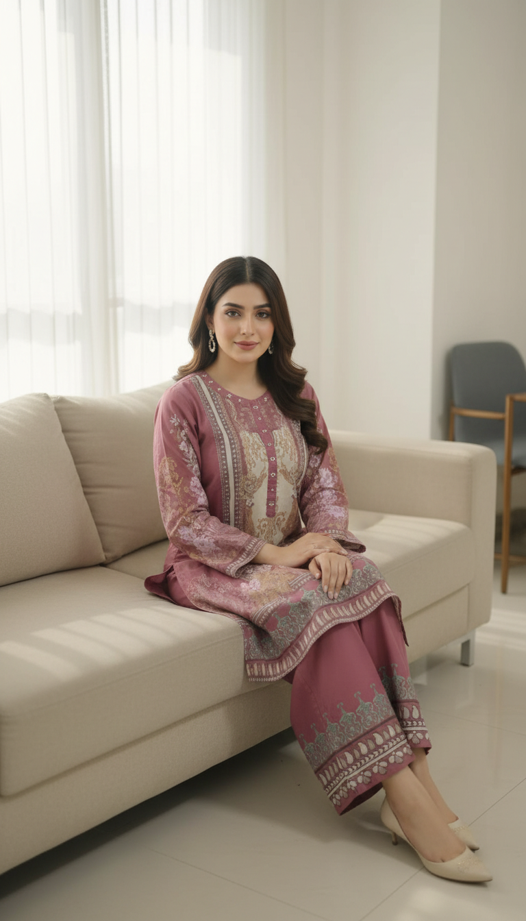 Rosewood Elegance – 2-Piece Printed & Embroidered Lawn Suit