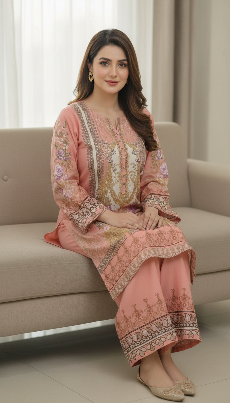 Blush Rose Floral Embroidered 2-Piece Lawn Suit