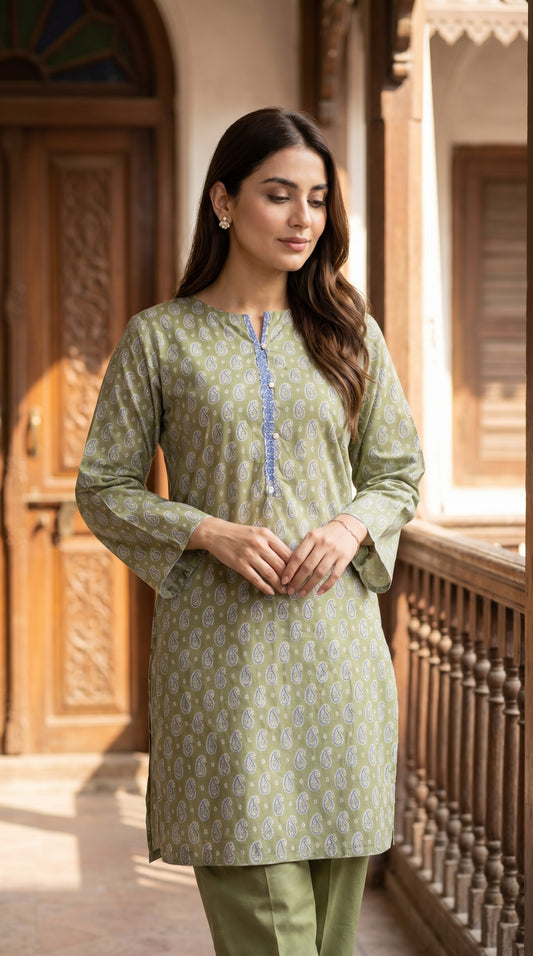 Sage Green Paisley Printed Lawn Kurti – Elegant Straight-Cut Ethnic Tunic