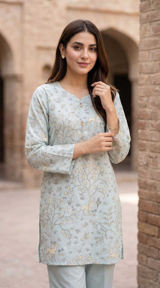 Pastel Blue Woodland Printed Lawn Kurti – Elegant Floral & Fawn Stitched Shirt