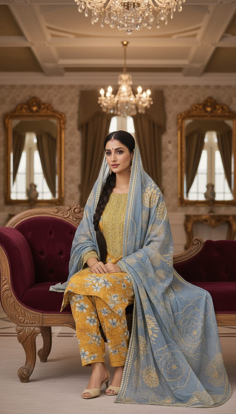 Amber & Azure Floral Embroidered 3-Piece Lawn Suit