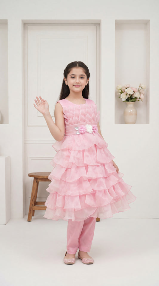 Petal-Layered Rose Pink Organza Frock Set