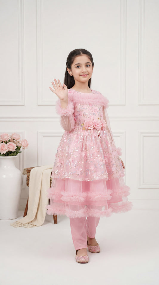 Rose Petal Ruffle Party Frock – 2-Piece Eastern Festive Set in Blush Pink