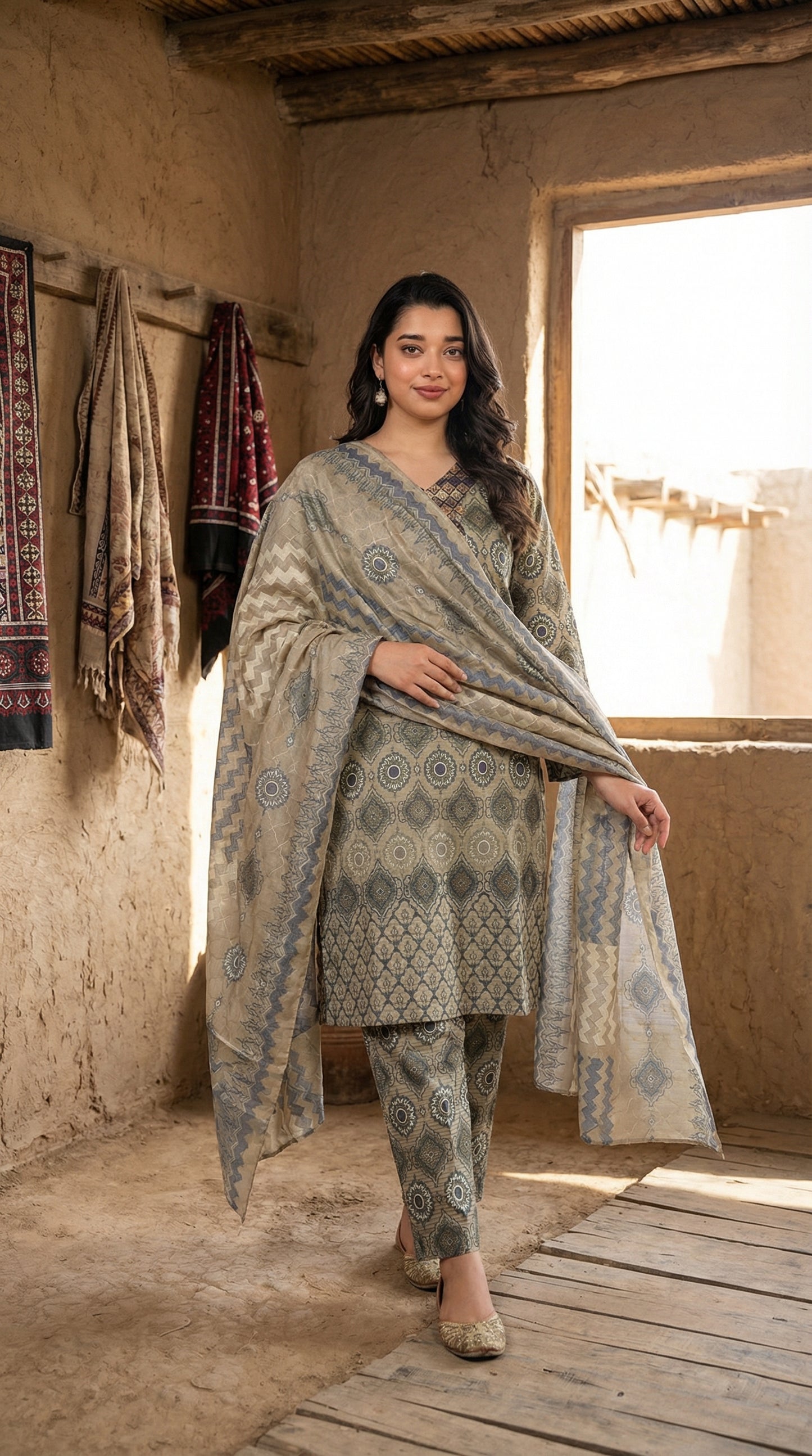 Vintage Olive Geometric Print Kurta Set with Chiffon Dupatta