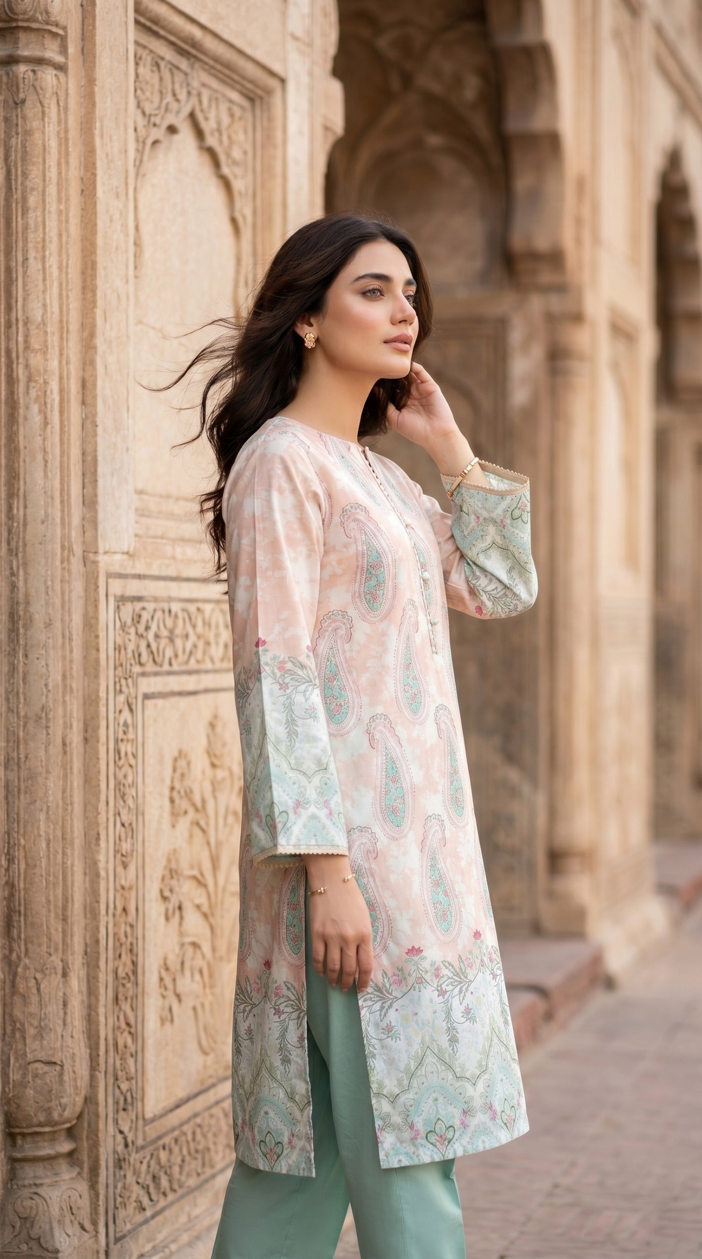 Pastel Serenade – Blush Pink & Mint Green Paisley Printed Kurti