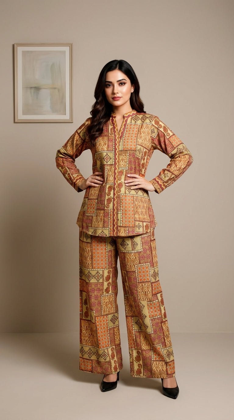 Ethnic Patchwork Print Co-ord Set – Warm Ochre & Rust