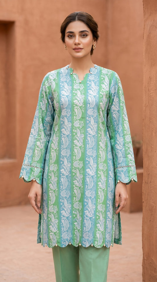 Mint Green & Sky Blue Paisley Printed Lawn Kurti