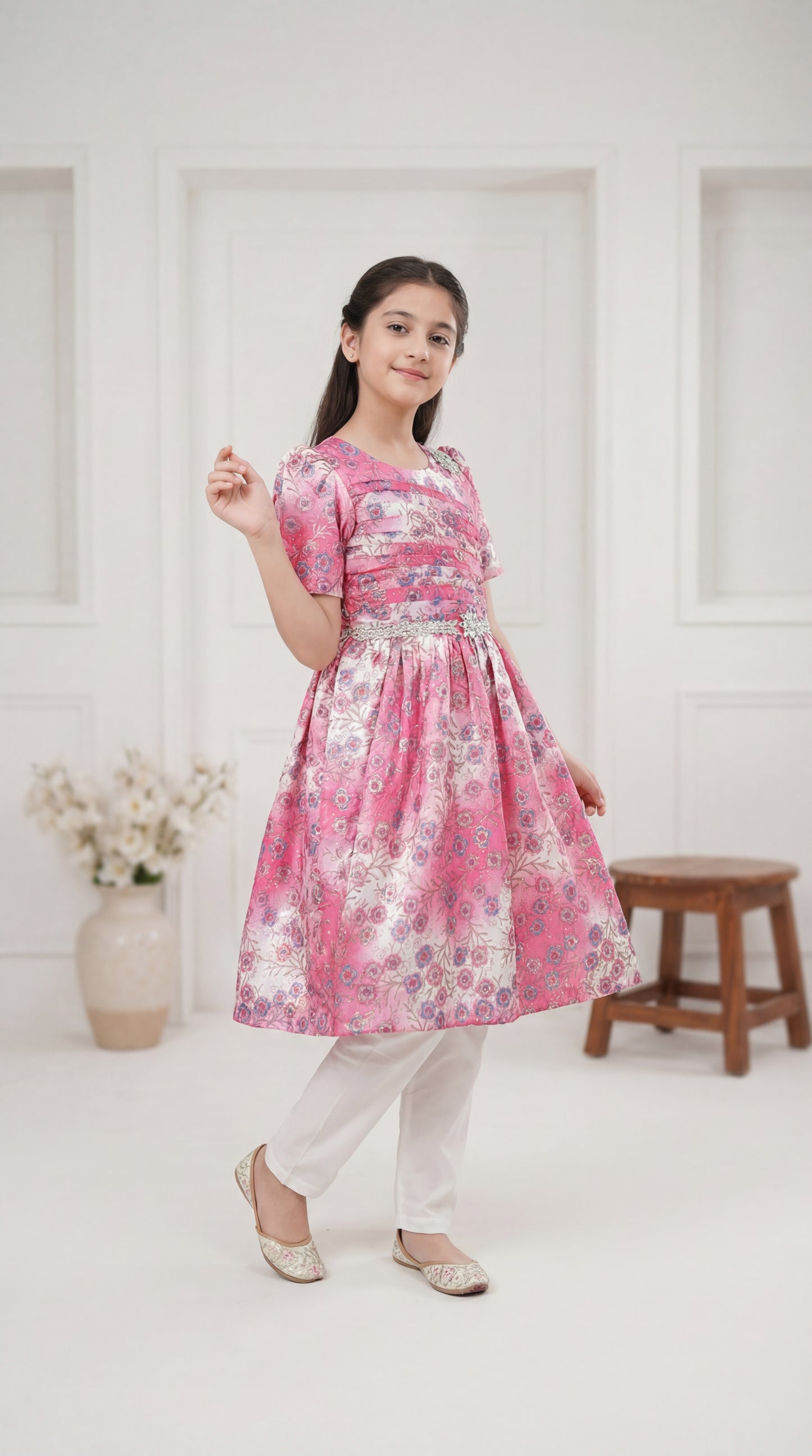 Girls’ Pink Floral Jacquard Festive Frock – Two-Piece Set with Embellished Waistband