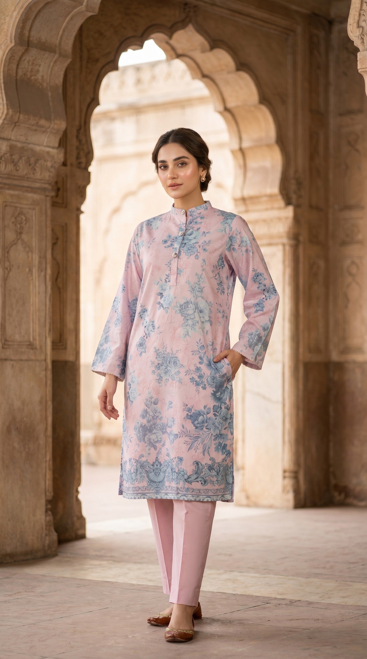 Blush Pink Floral Printed Lawn Kurti – Vintage Blue Rose Motif Tunic