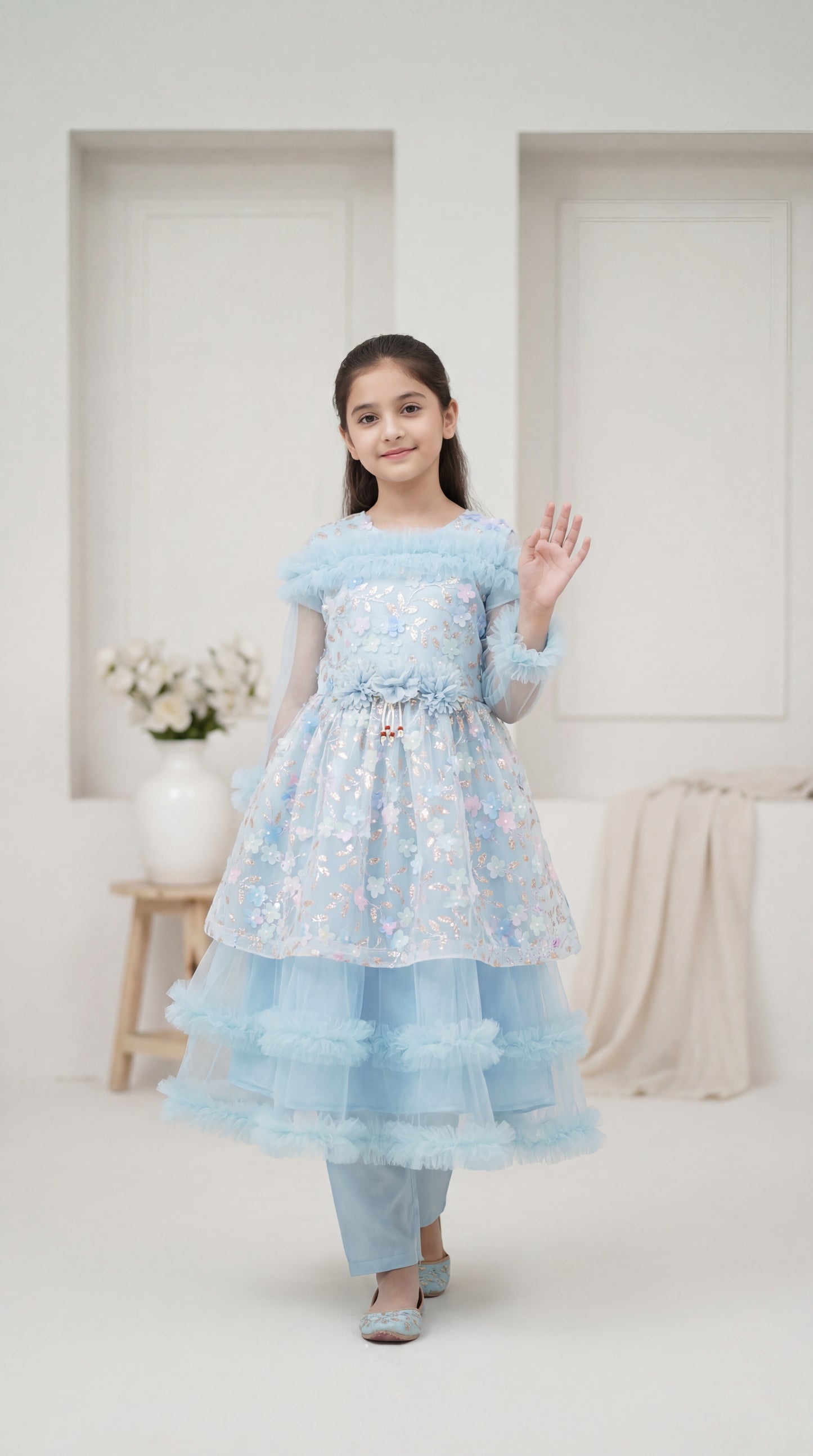 Enchanted Azure Floral Tiered Tulle Frock