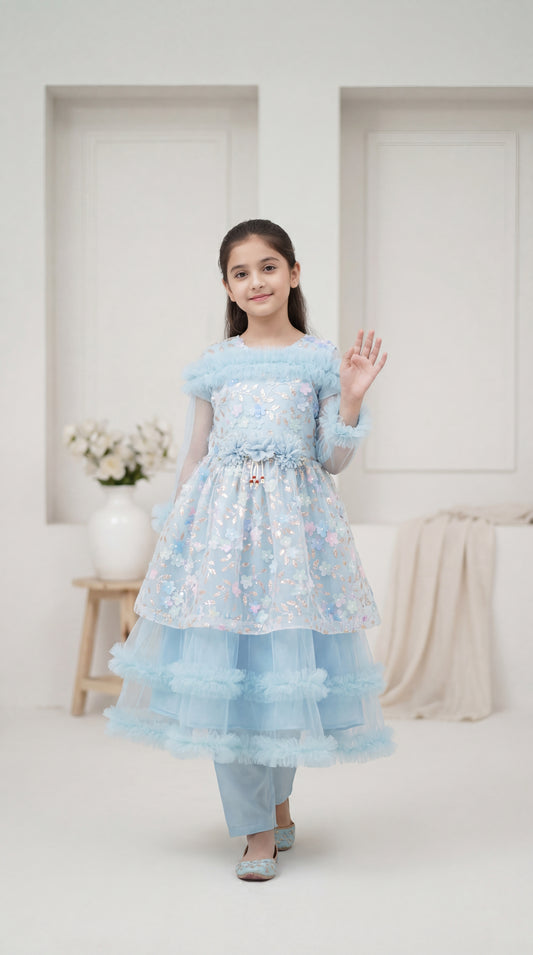 Enchanted Azure Floral Tiered Tulle Frock