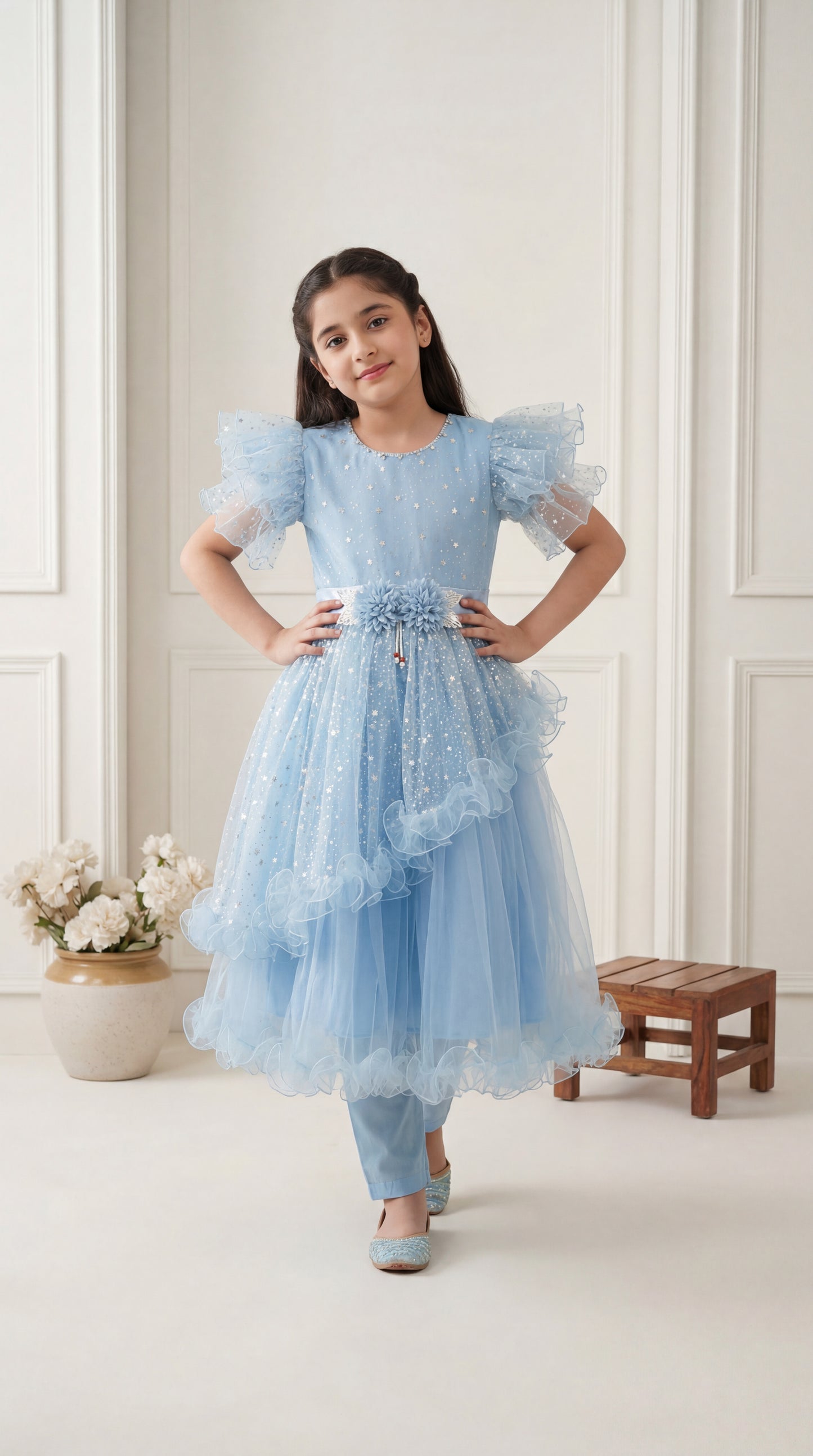 Enchanted Sky Blue Sequined Tulle Frock with Matching Trousers – 2-Piece Festive Set