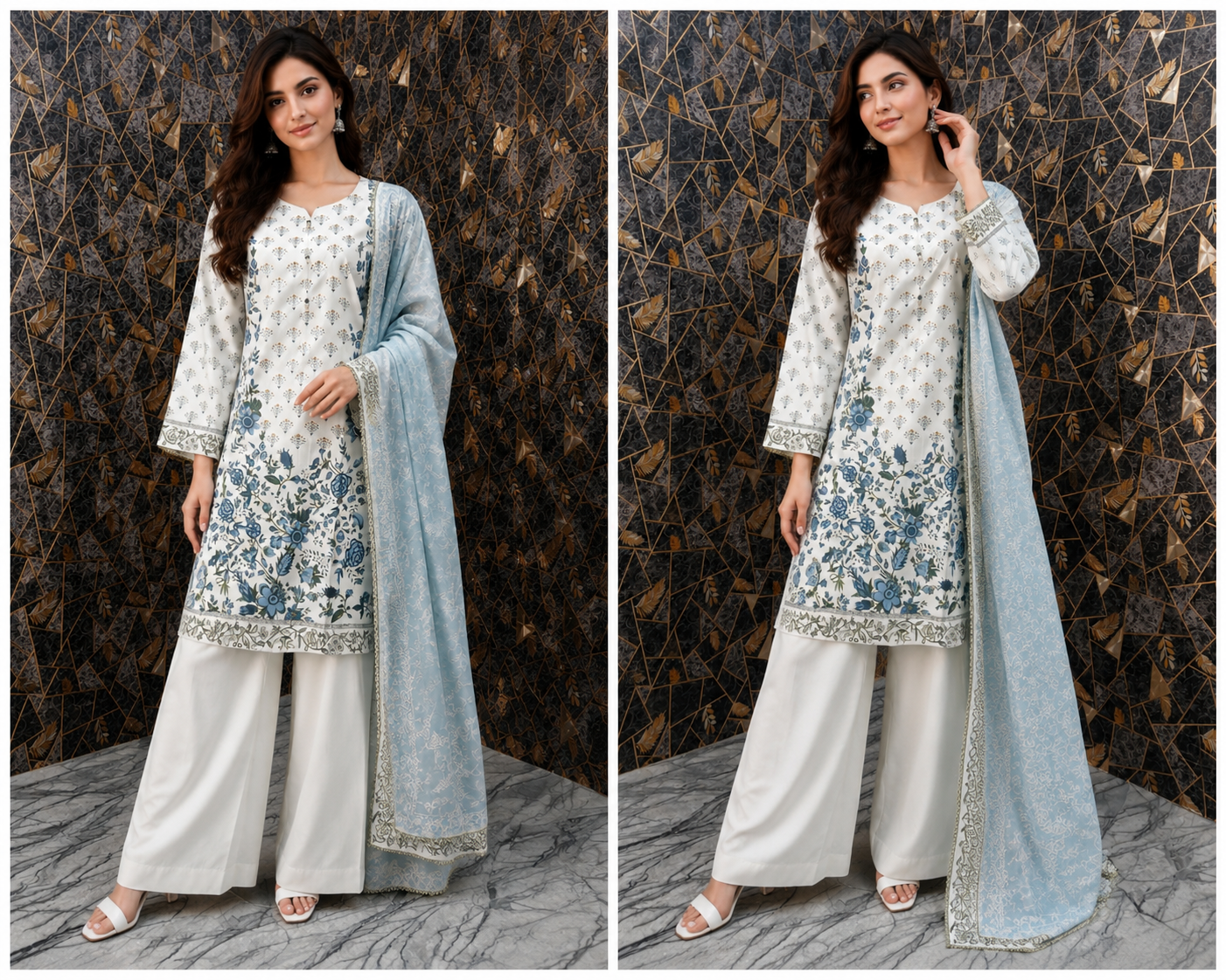 Elegant Floral Print Lawn 3-Piece Suit – Sky Blue & Ivory