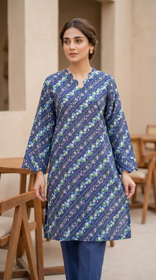 Indigo Floral Stripe Lawn Kurti – Casual Printed Straight Tunic