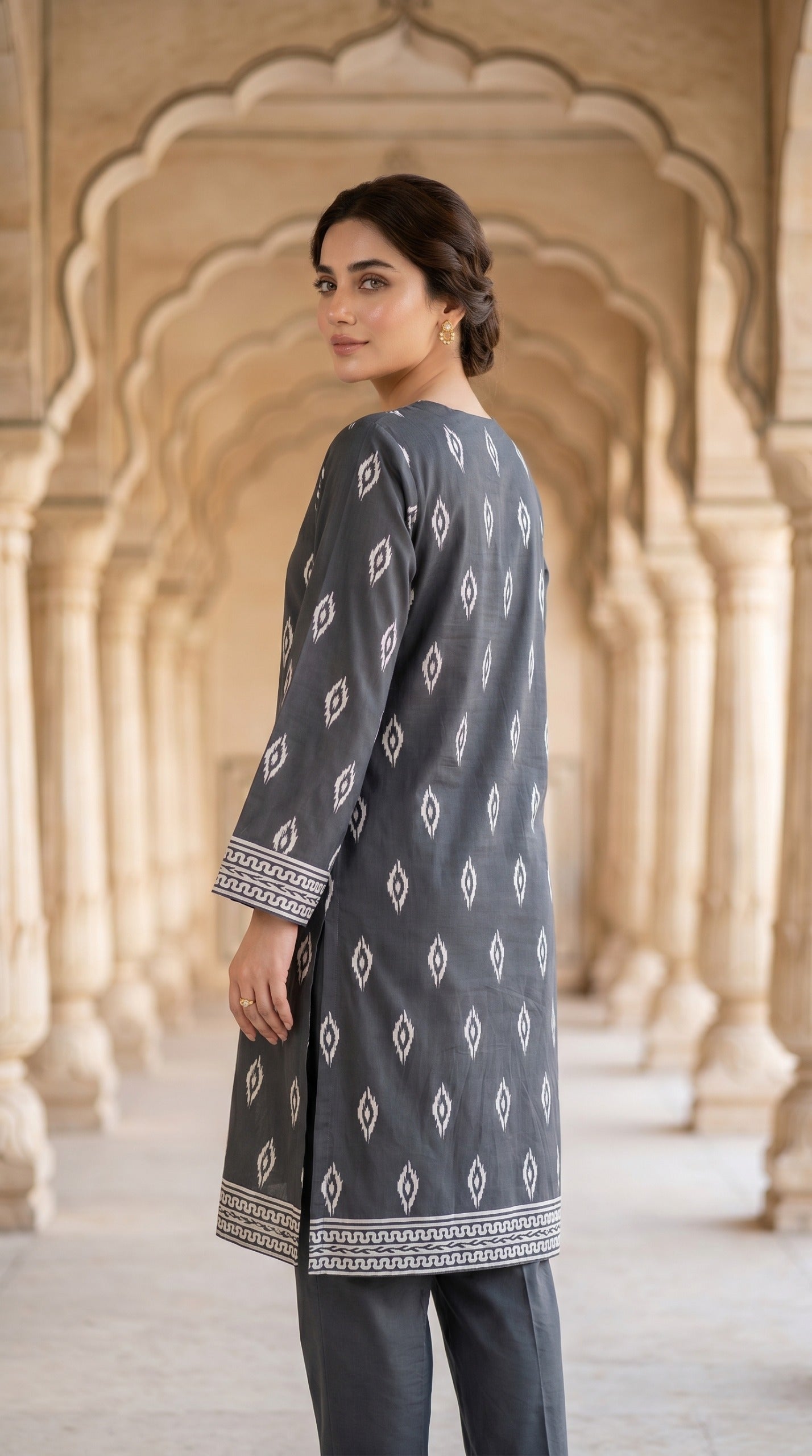 Elegant Charcoal Grey Ikat Print Kurti