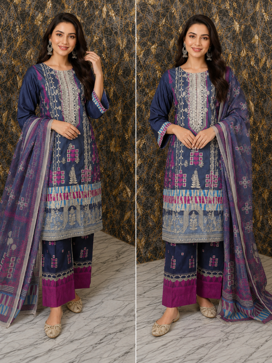 Midnight Azure Geometric 3-Piece Emboroided Lawn stitched Suit