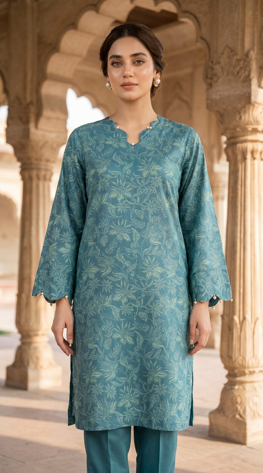 Ethereal Sage Teal Printed Lawn Kurti with Scallop Details
