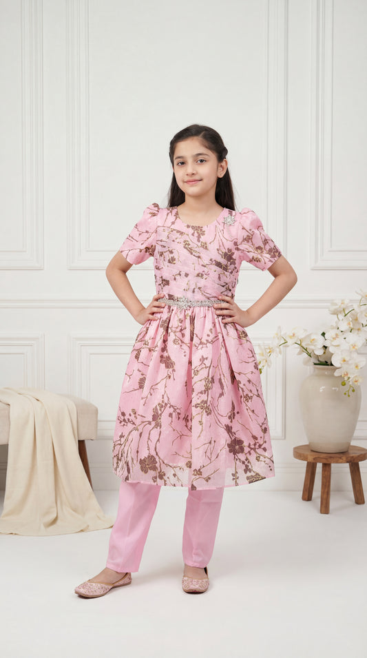 Rosé Bloom Foil Print Party Frock with Embellished Waistband