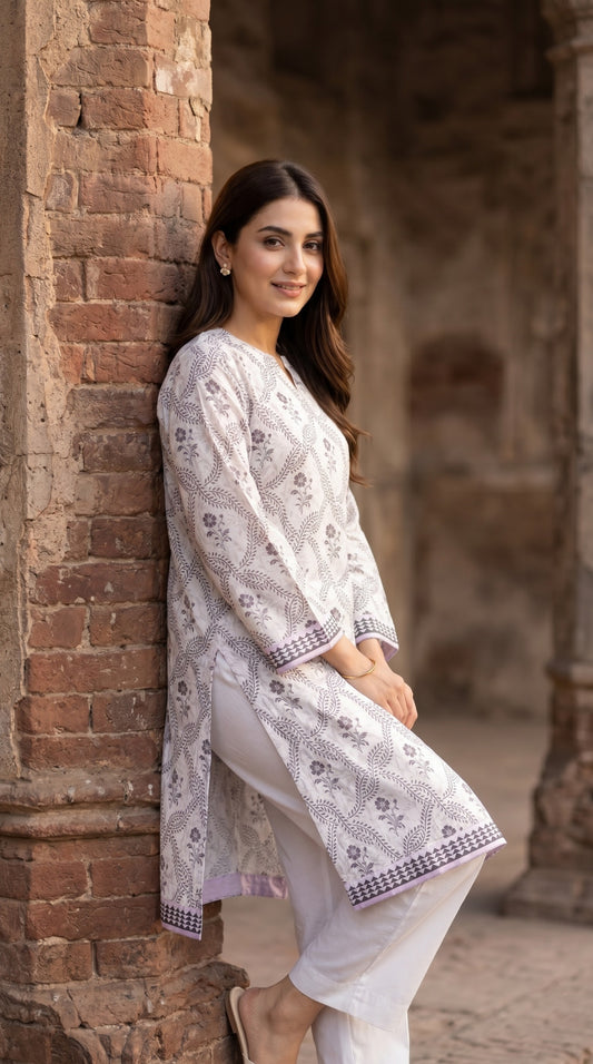 Lavender Meadow Printed Lawn Kurti – Elegant Floral Summer Tunic