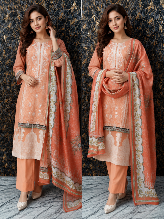 Elegant Peach Embroidered 3-Piece Lawn Stitched Suit